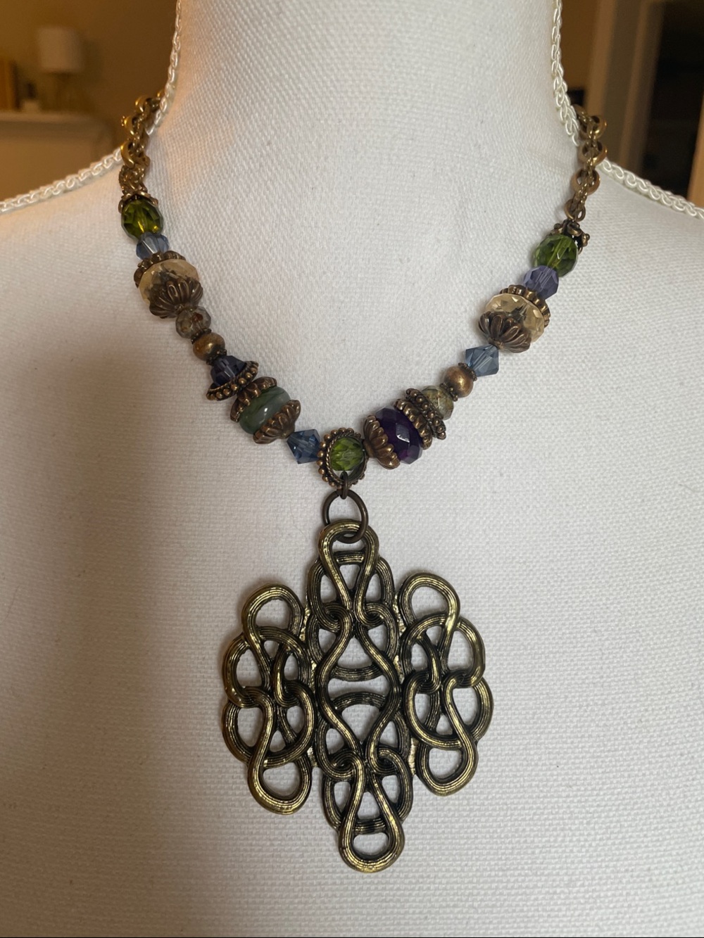 Bohemian Multi-Color Beaded Necklace with Antique Gold Pendant